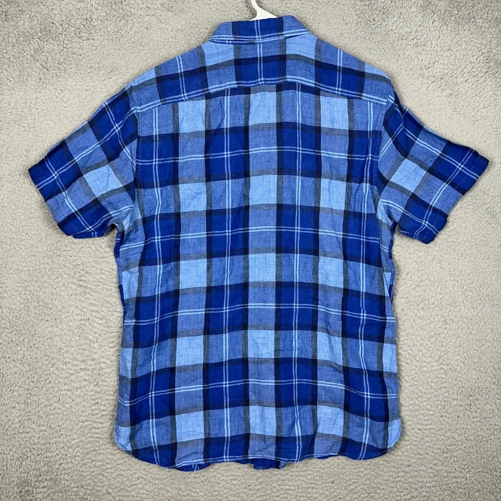 Banana Republic Linen Shirt Mens Medium Camden Fit Blue Plaid Button Up Casual